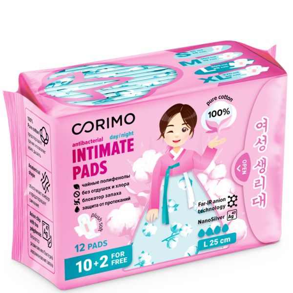 CORIMO Women's pads COTTON L - 25 cm anatomical shape, 12 pcs